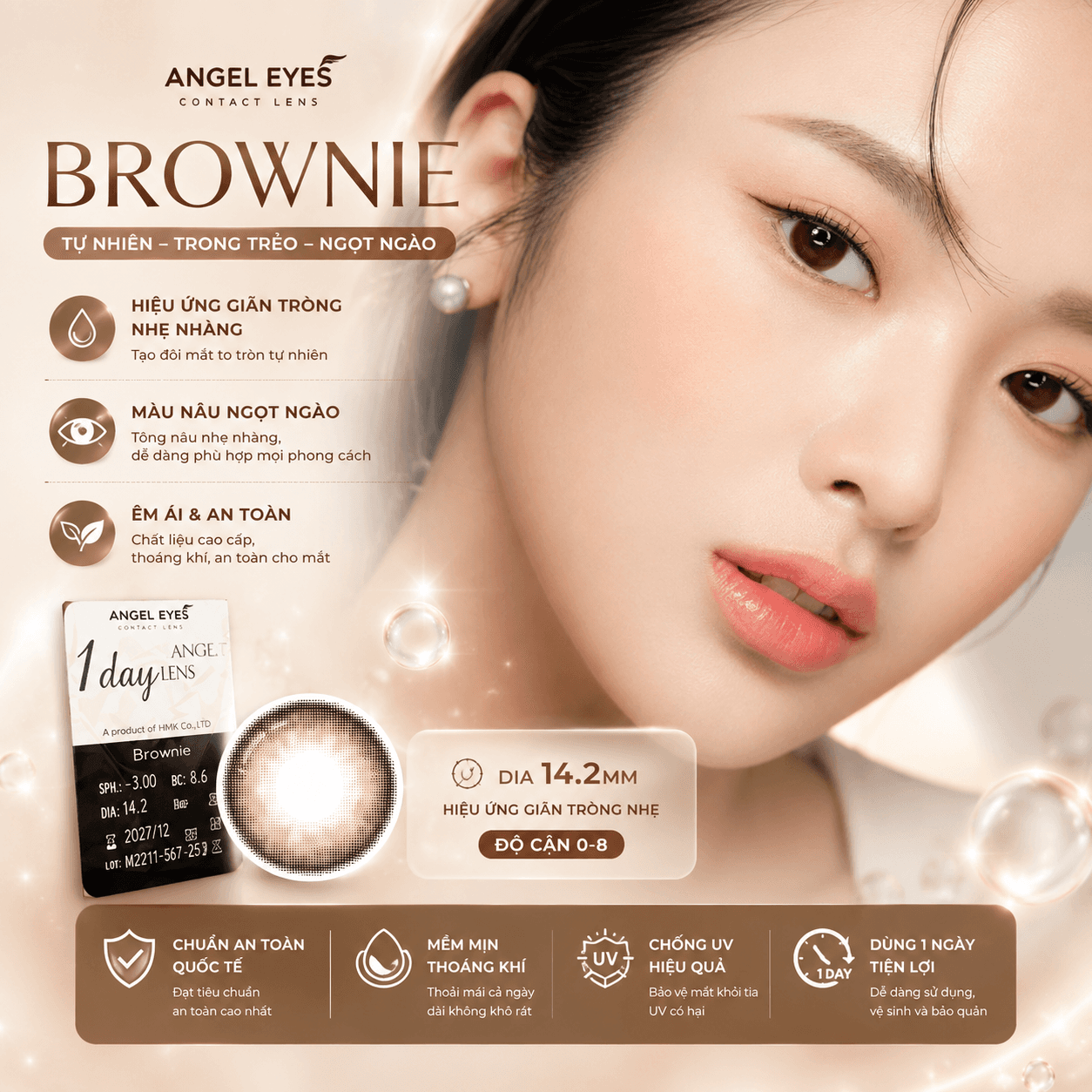 Lens 1 ngày màu có độ cận nâu tự nhiên Brownie siêu ẩm nhãn hiệu Angel Eyes Hàn Quốc - Đường kính 14.2mm - Độ cận 0-8 - 2