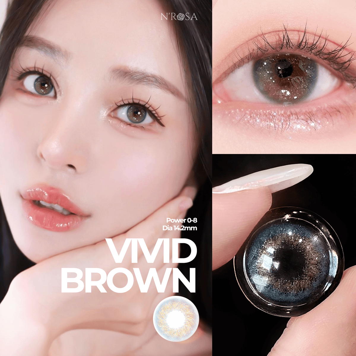 Lens nâu có độ cận N’Rosa Vivid Brown cho mắt thở cao cấp Angel Eyes phân phối | Độ cận: 0-8 | Chất liệu Silicone Hydrogel