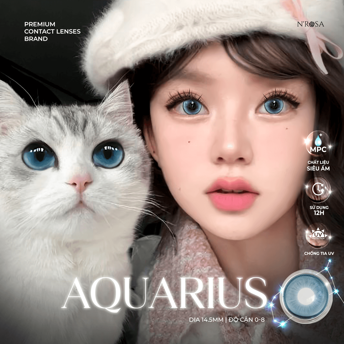 Lens xanh có độ cận N'Rosa Aquarius cho mắt thở cao cấp Angel Eyes phân phối | Độ cận 0-8 | Chất liệu MPC siêu ẩm